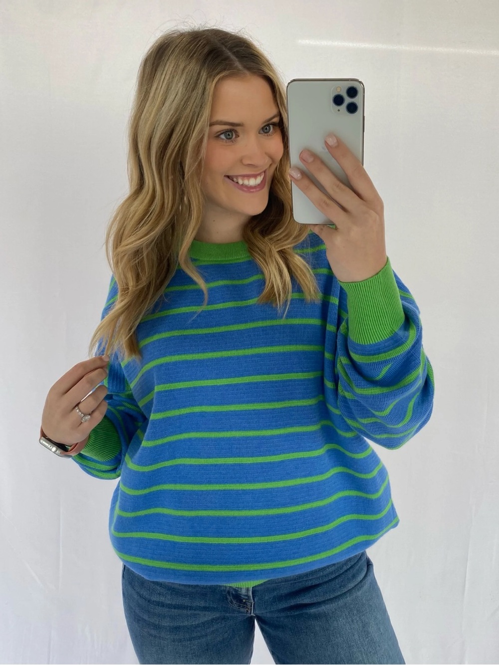 Blue & Green Striped Crewneck Sweater
